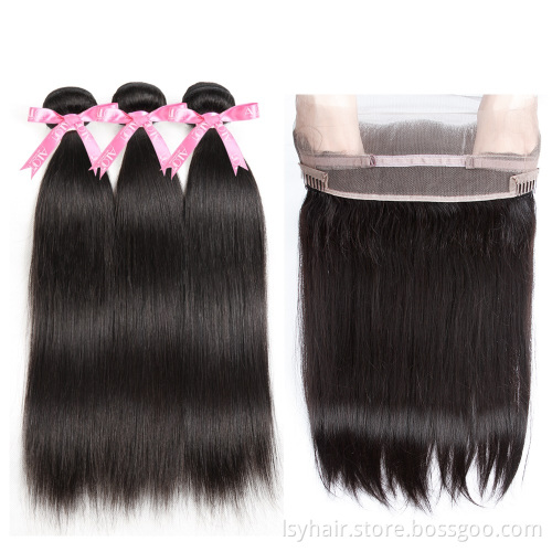 360 Frontal Closure With Bundles Straight Hair Brazilian Remy Human Hair Weft Weave Preplucked 360 Lace Frontal With Bundle